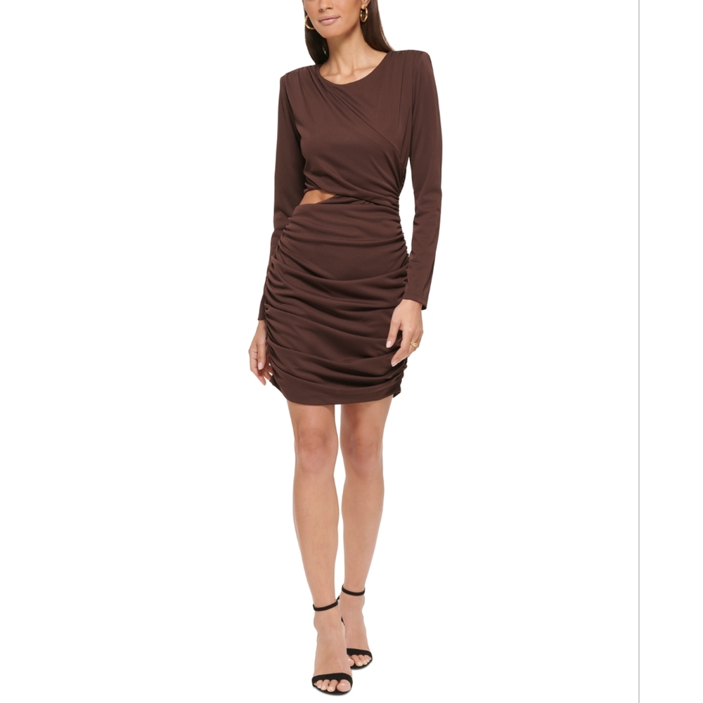 Guess Women's Ruched Cut-Out Long-Sleeve Mini Dress - Brown